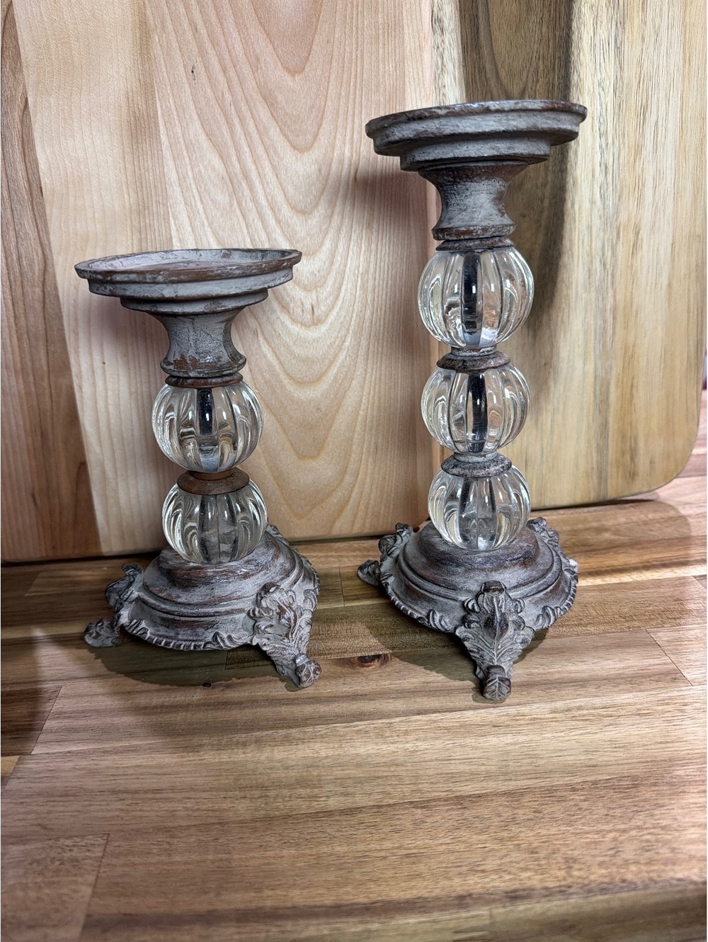Vintage Rustic Metal and Glass Candelabra Candle Holders Set of 2